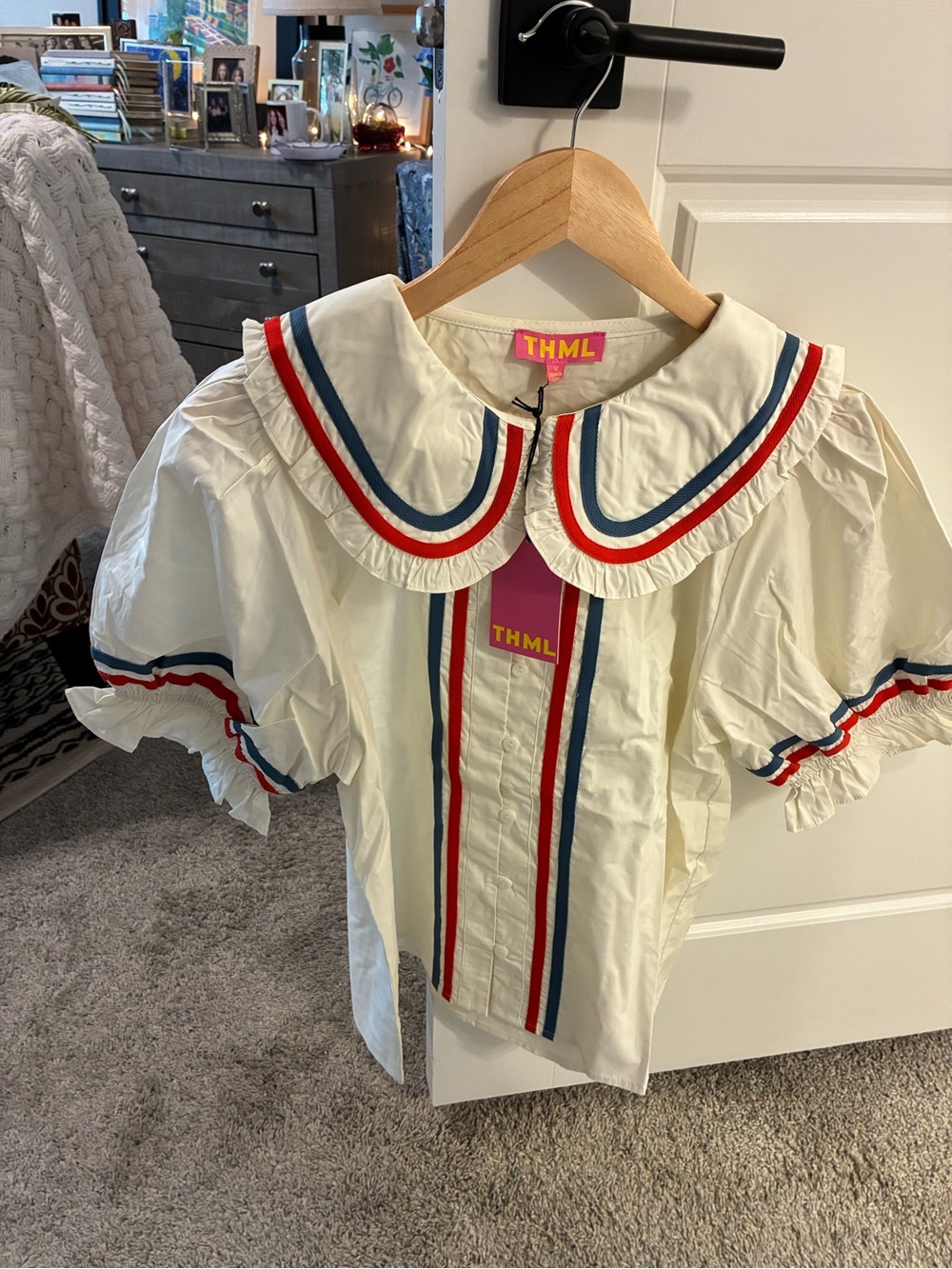 THML Cream Sailor-Collar Blouse with Red & Navy Trim